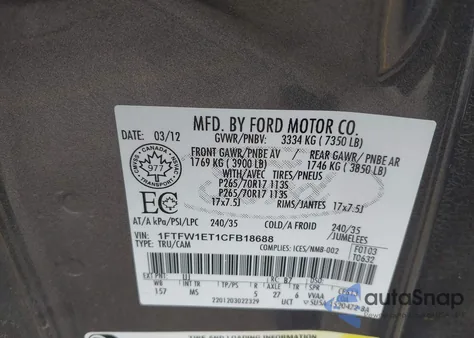 2012 Ford F-150 Xlt из США, поврежденный, VIN 1FTFW1ET1CFB18688